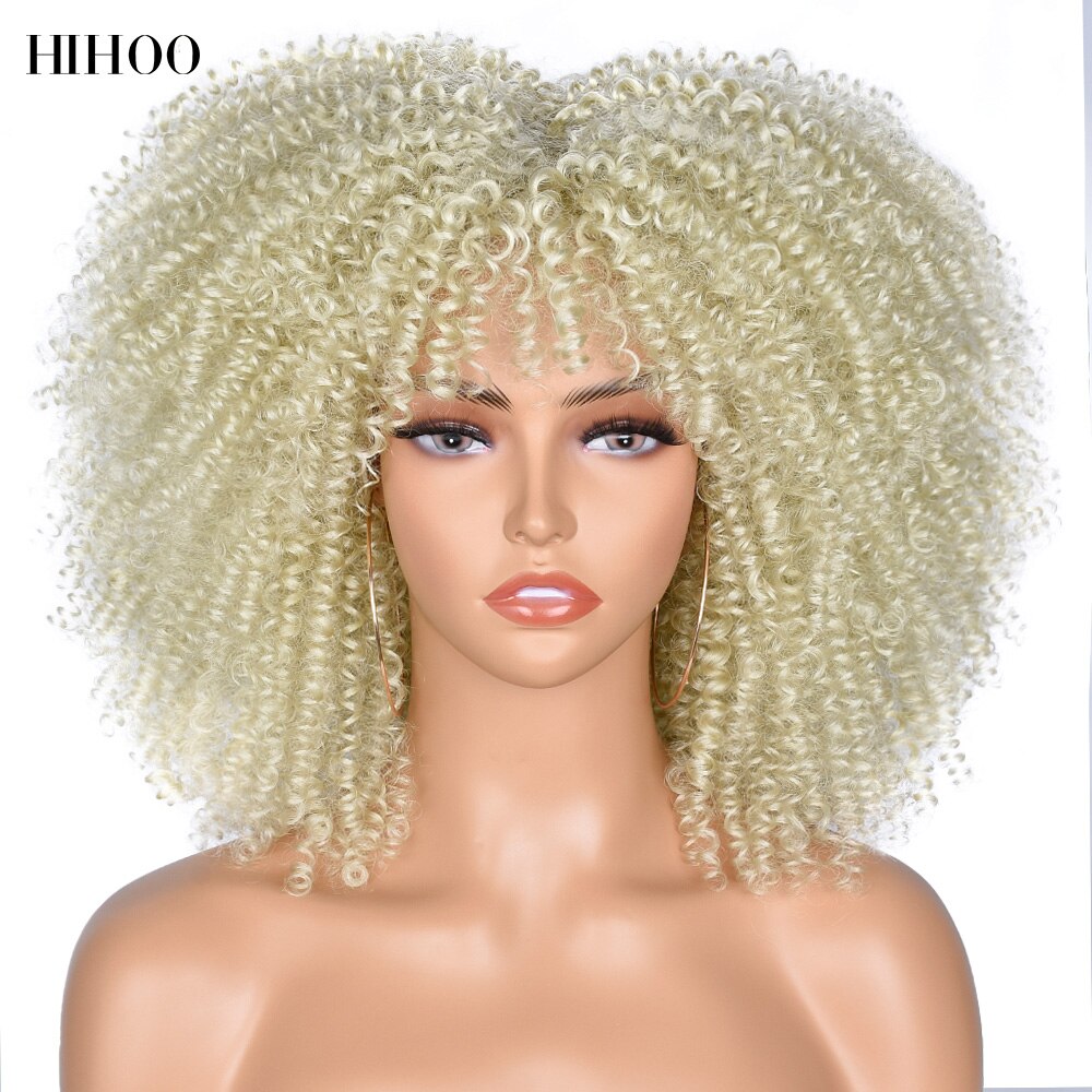 14'' Short Hair Afro Kinky Curly Wigs With Bangs For Black Women Synthetic Natural  Brown Mixed Blonde Wig Party Cosplay Daily