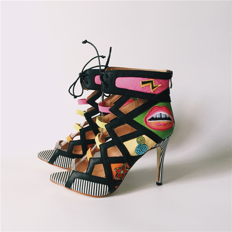 2020 Real Photos Women Summer Sandals Colorful Embroider High Heels Sandalias Fashion Zapatos Mujer Lace Up Pumps Prom Booties