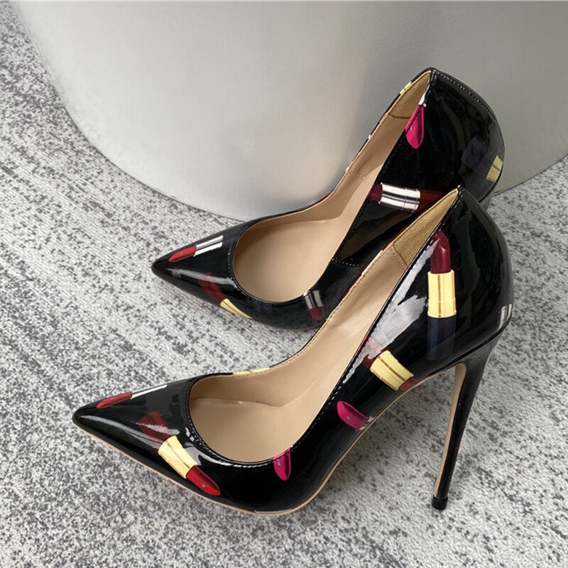 Heelgoo Lipsticker Print Women Glossy Pointy Toe High Heel Black Party ShoesSlip On Slip On Stilettos Pumps Big Size 33-45
