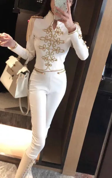 2023 New Winter Women Club Bandage Set Black White Tassel Tops&amp;Pant 2 Two Pieces Set Night Out Celebrity Evening Party Set
