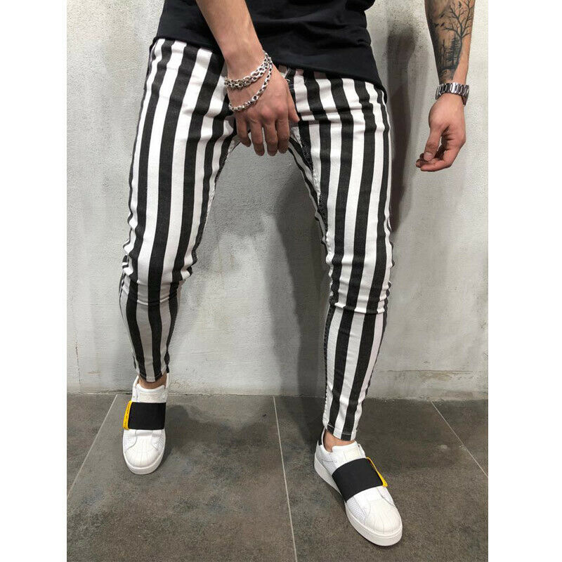 Hirigin 2019 New Men's Summer Fashion Slim Comfortable Striped Plaid Black White Casual Pencil Pants Men Clothes
