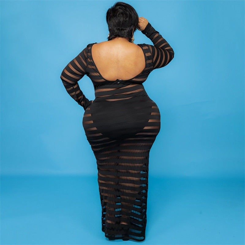 Plus Size Dresses Fall Clothes for Women Long Sleeve Lace Maxi Dress Mesh Backless Sexy Black Party Dress Wholesale Dropshipping