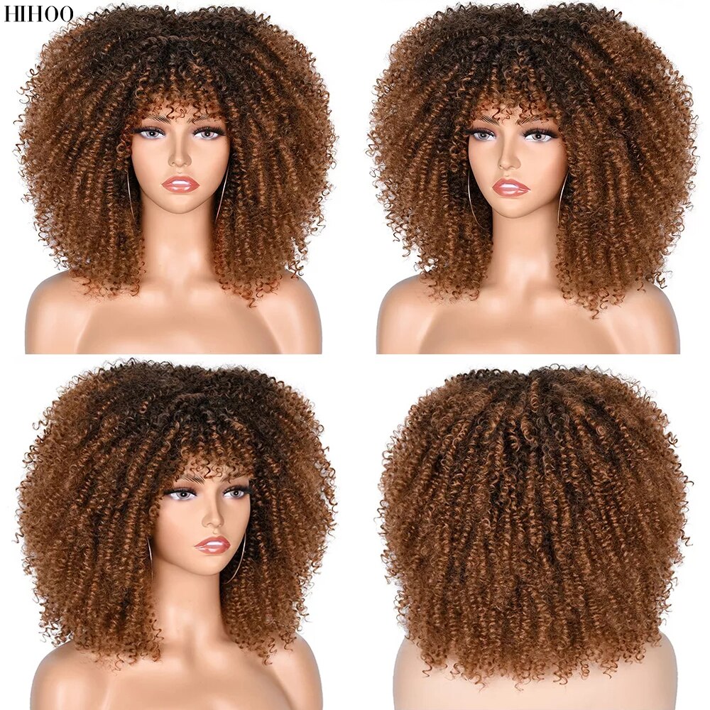 14'' Short Hair Afro Kinky Curly Wigs With Bangs For Black Women Synthetic Natural  Brown Mixed Blonde Wig Party Cosplay Daily