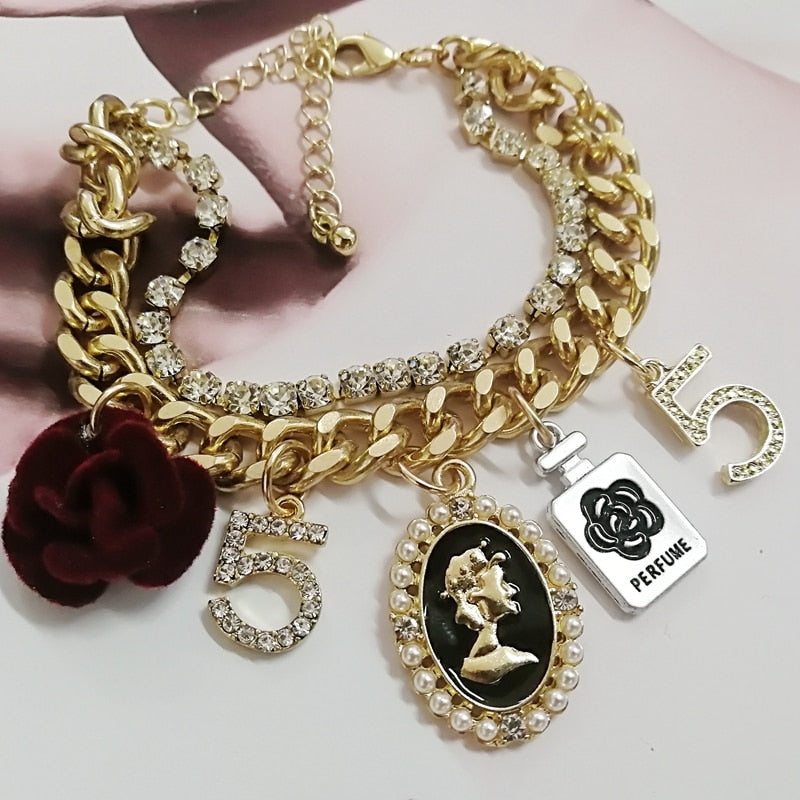 Korean Design Style Crystal Five Chain Bracelet For Women Pearl Flower Charm Jewelry