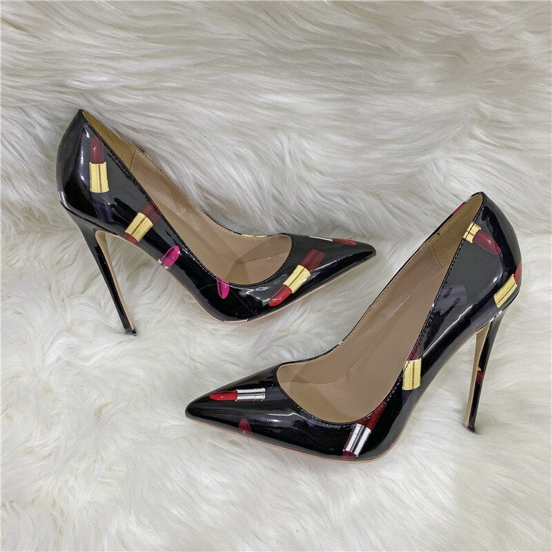 Heelgoo Lipsticker Print Women Glossy Pointy Toe High Heel Black Party ShoesSlip On Slip On Stilettos Pumps Big Size 33-45