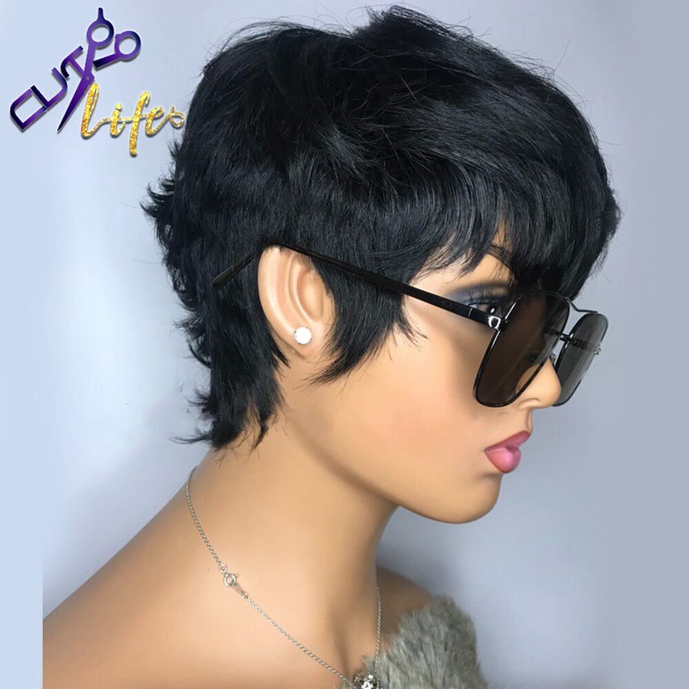 Short Wavy Bob Pixie Cut Full Machine Made Natural Cheap Non Lace Human Hair Wigs With Bangs For Black Women Remy Brazilian Hair
