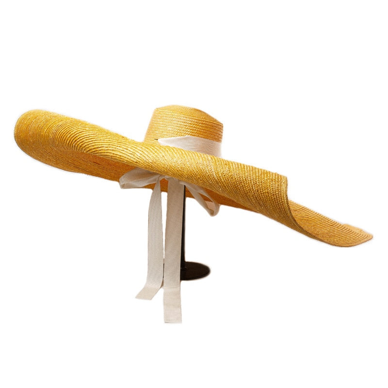 Custom 100cm Wide Brim Oversized Beach Hat For Women Yellow Natural Straw Hat UV Protection Foldable Designer Luxury Catwalk Hat