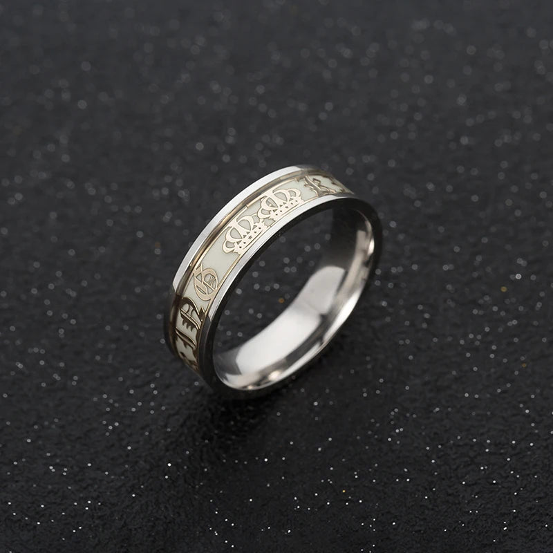 Luminous Stainless Steel Couple Ring Golden Crown Her King His Queen husband and wife Jewelry Anniversary Gift