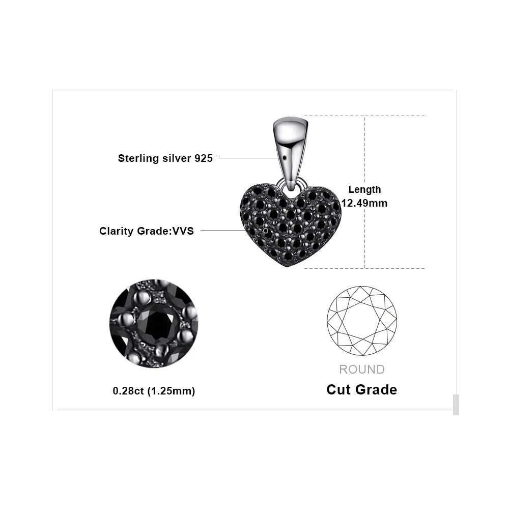 JewelryPalace Heart Love Natural Black Spinel Gemstone 925 Sterling Silver Pendant Necklace for Women Fashion Jewelry No Chain