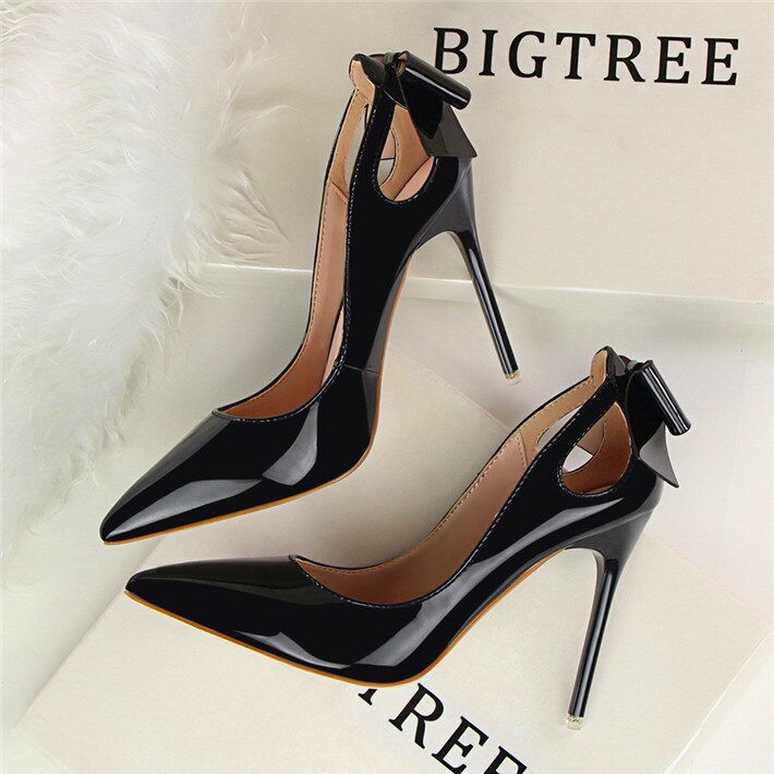 Spring Patent Leather Fashion Bowtie Women's Shoes Back Heel Cut-Outs Sexy Pumps Female High Heels Pointed Toe Dress Party Shoes
