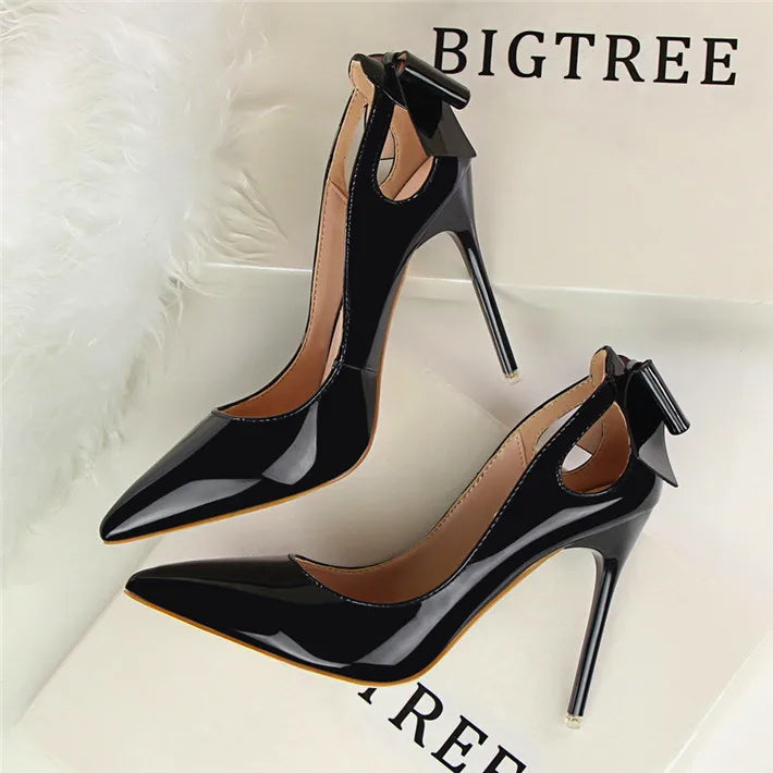 Spring Patent Leather Fashion Bowtie Women's Shoes Back Heel Cut-Outs Sexy Pumps Female High Heels Pointed Toe Dress Party Shoes