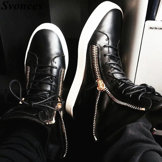 Celebrity Fashion Stars Men Vulcanize Shoes Men Spring Autumn Black PlatformSneakers Lace-up High Top Kanye Shoes Side Zipper