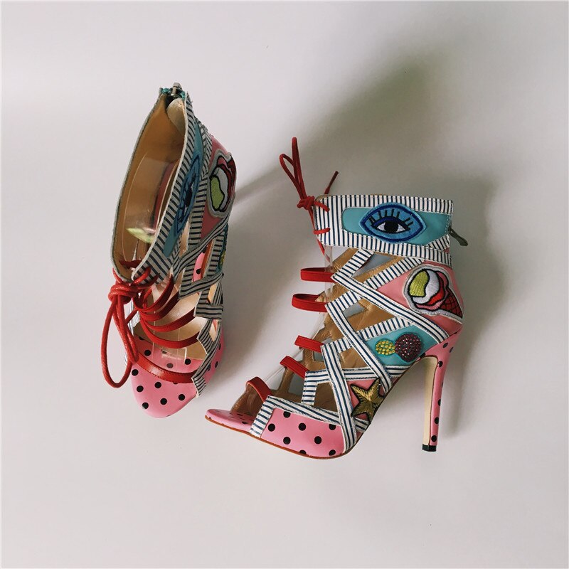 2020 Real Photos Women Summer Sandals Colorful Embroider High Heels Sandalias Fashion Zapatos Mujer Lace Up Pumps Prom Booties