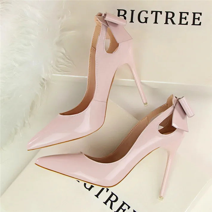 Spring Patent Leather Fashion Bowtie Women's Shoes Back Heel Cut-Outs Sexy Pumps Female High Heels Pointed Toe Dress Party Shoes