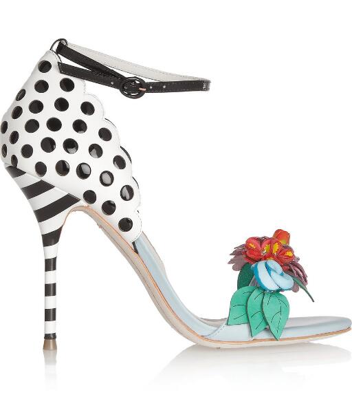 Women Fashion Polka dot Sandals Multicolor Flowers Sexy Open Toe Ankle Buckle Ladies High Heels Sweet Style Elegant Party Shoes