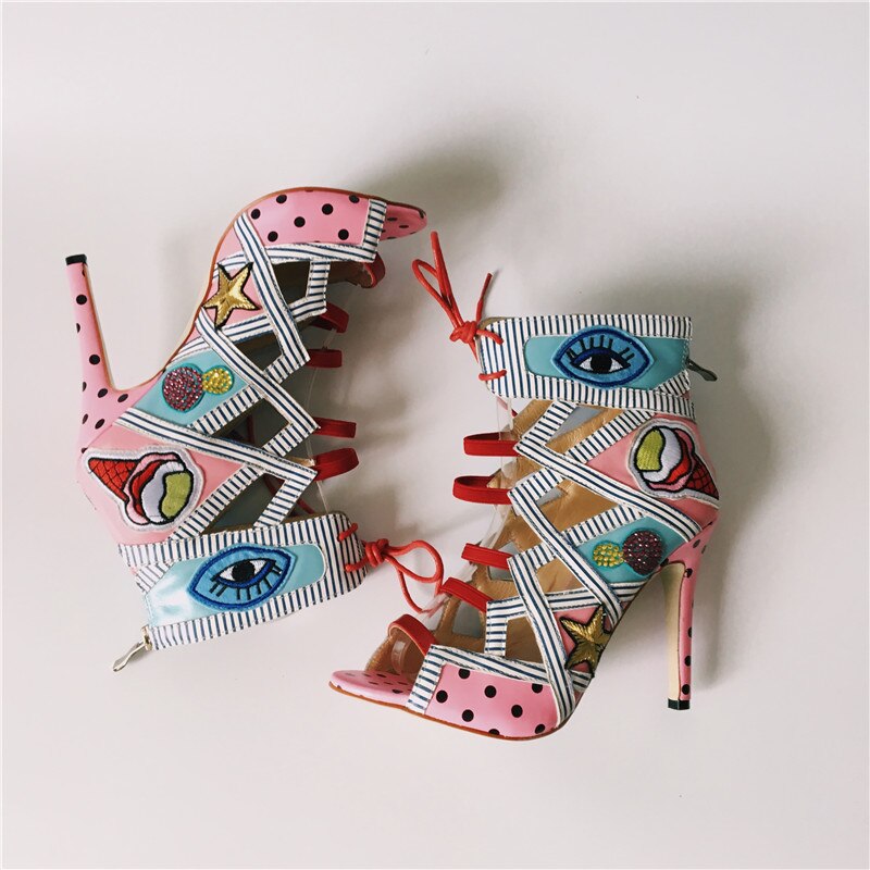 2020 Real Photos Women Summer Sandals Colorful Embroider High Heels Sandalias Fashion Zapatos Mujer Lace Up Pumps Prom Booties