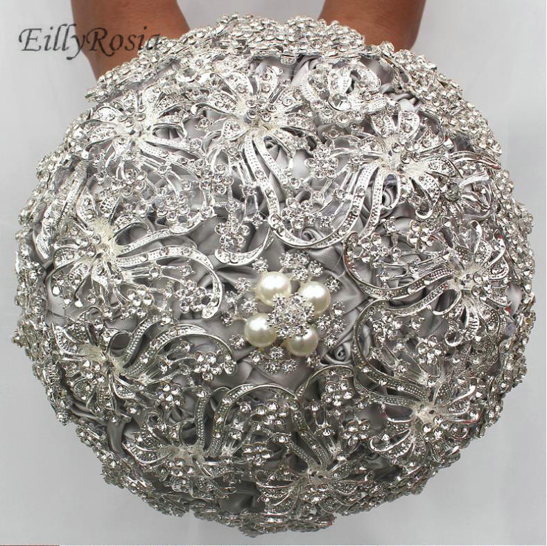 Luxury Bridal Bouquet Sparkly Rhinestones Crystals Gray Satin Roses Custom Made Bride Flower Bouquet bruidsboeket ramos de novia