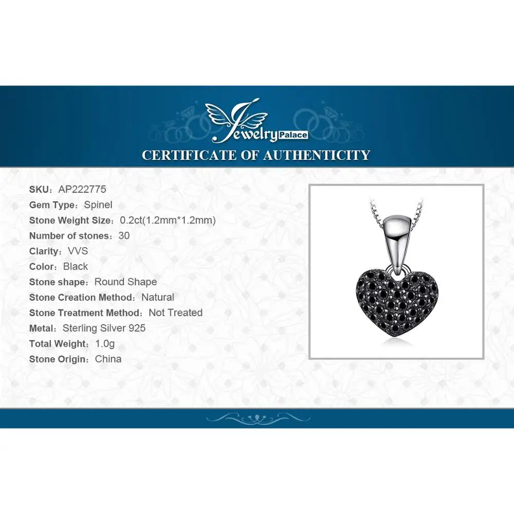 JewelryPalace Heart Love Natural Black Spinel Gemstone 925 Sterling Silver Pendant Necklace for Women Fashion Jewelry No Chain