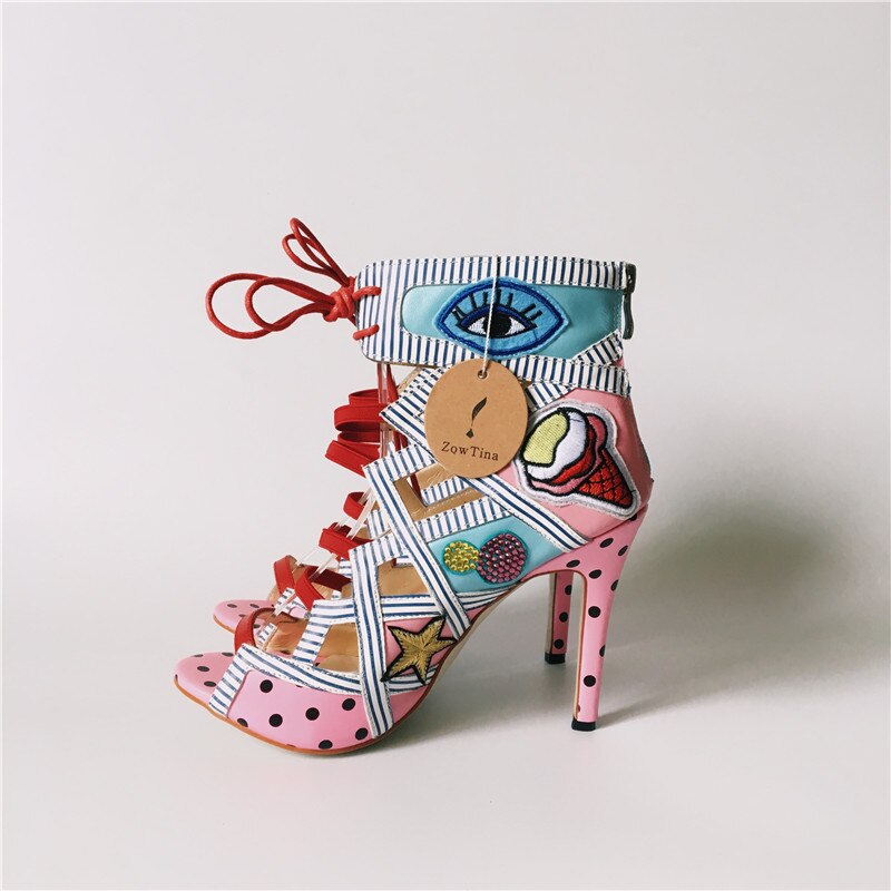 2020 Real Photos Women Summer Sandals Colorful Embroider High Heels Sandalias Fashion Zapatos Mujer Lace Up Pumps Prom Booties