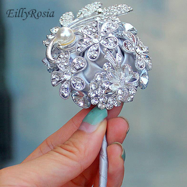 Luxury Bridal Bouquet Sparkly Rhinestones Crystals Gray Satin Roses Custom Made Bride Flower Bouquet bruidsboeket ramos de novia