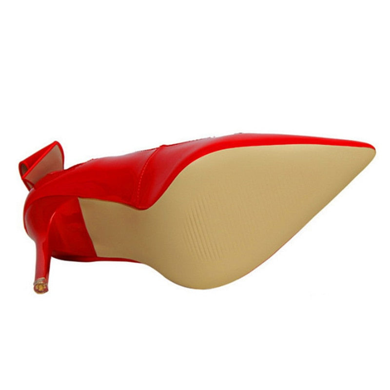 Spring Patent Leather Fashion Bowtie Women's Shoes Back Heel Cut-Outs Sexy Pumps Female High Heels Pointed Toe Dress Party Shoes