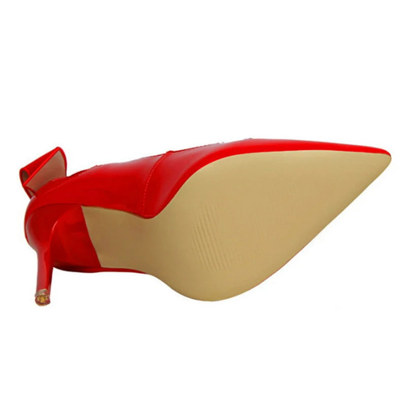 Spring Patent Leather Fashion Bowtie Women's Shoes Back Heel Cut-Outs Sexy Pumps Female High Heels Pointed Toe Dress Party Shoes
