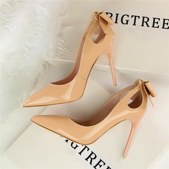 Spring Patent Leather Fashion Bowtie Women's Shoes Back Heel Cut-Outs Sexy Pumps Female High Heels Pointed Toe Dress Party Shoes