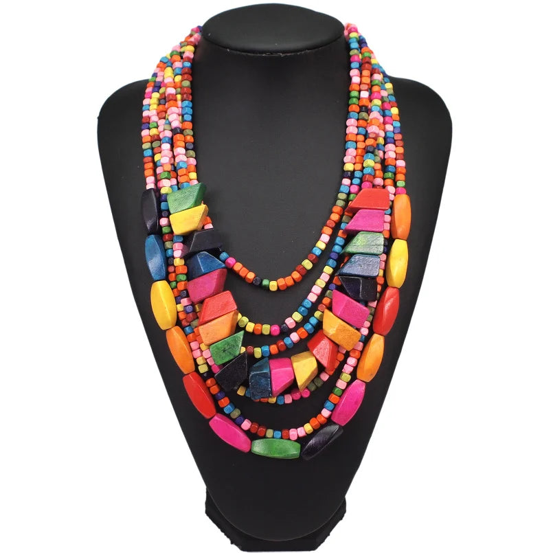 MANILAI Bohemian Multilayer Wood Bead Choker Necklaces For Women Handmade Beaded Statement Necklace Jewelry