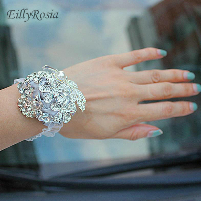 Luxury Bridal Bouquet Sparkly Rhinestones Crystals Gray Satin Roses Custom Made Bride Flower Bouquet bruidsboeket ramos de novia