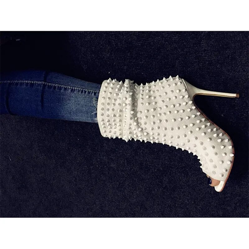 Beige White Rivet Open Toe Thin High Heel Boots Women SlipOn Stiletto Heeled Sexy Studded Street Short Booties