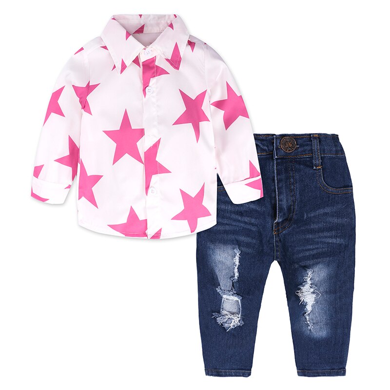 Fashion Style for girls of Chiffon long sleeves Tops with Stars Printed  + jeans pants in autumn sets children's clothes ST316