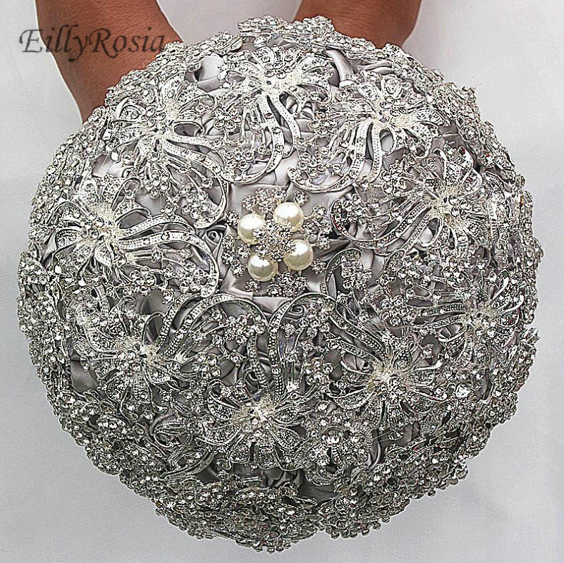 Luxury Bridal Bouquet Sparkly Rhinestones Crystals Gray Satin Roses Custom Made Bride Flower Bouquet bruidsboeket ramos de novia