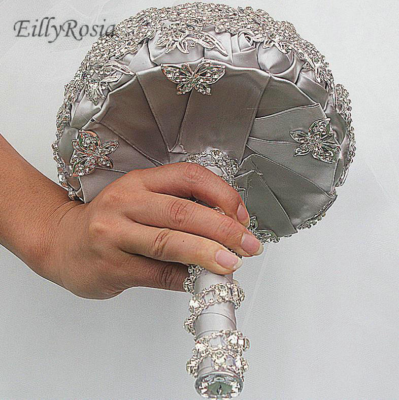 Luxury Bridal Bouquet Sparkly Rhinestones Crystals Gray Satin Roses Custom Made Bride Flower Bouquet bruidsboeket ramos de novia