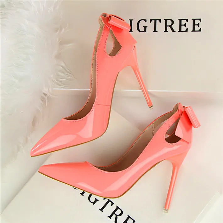 Spring Patent Leather Fashion Bowtie Women's Shoes Back Heel Cut-Outs Sexy Pumps Female High Heels Pointed Toe Dress Party Shoes