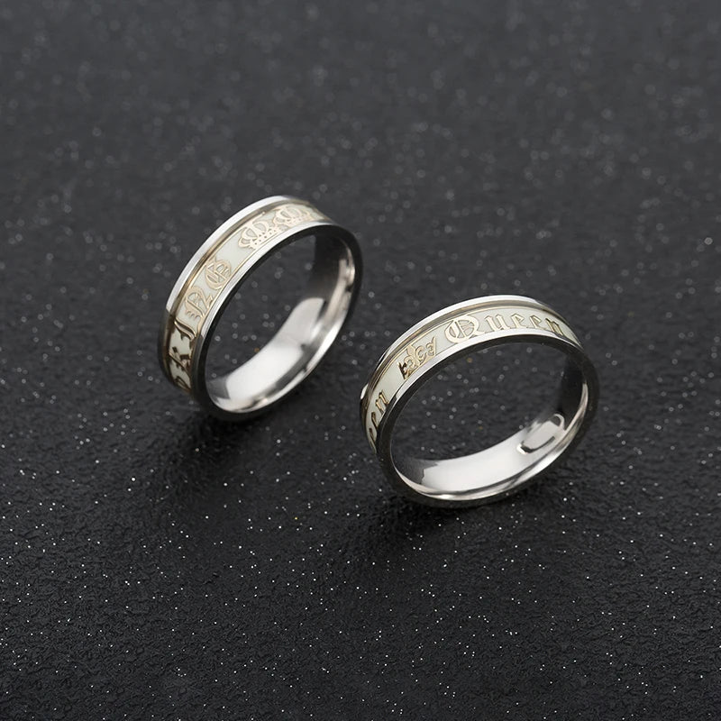 Luminous Stainless Steel Couple Ring Golden Crown Her King His Queen husband and wife Jewelry Anniversary Gift