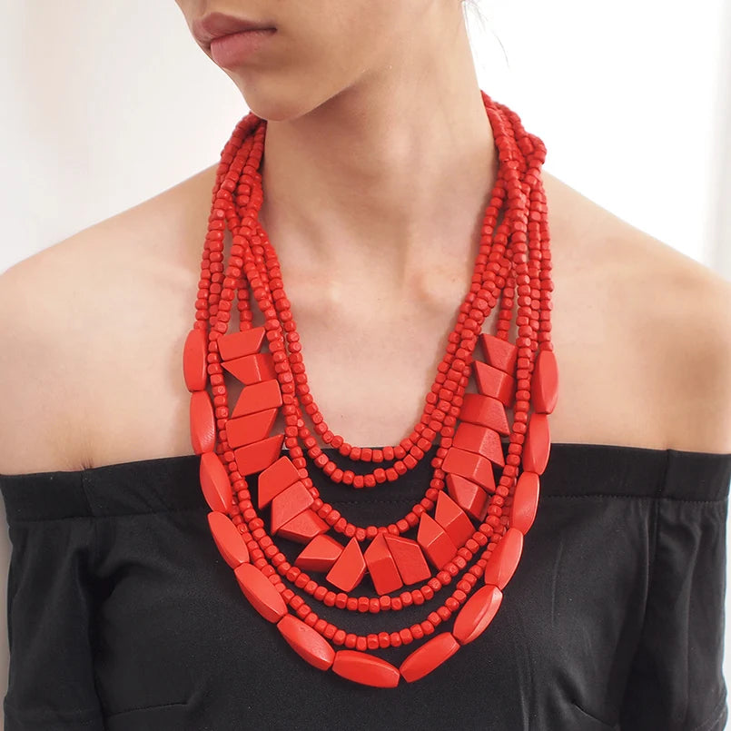 MANILAI Bohemian Multilayer Wood Bead Choker Necklaces For Women Handmade Beaded Statement Necklace Jewelry