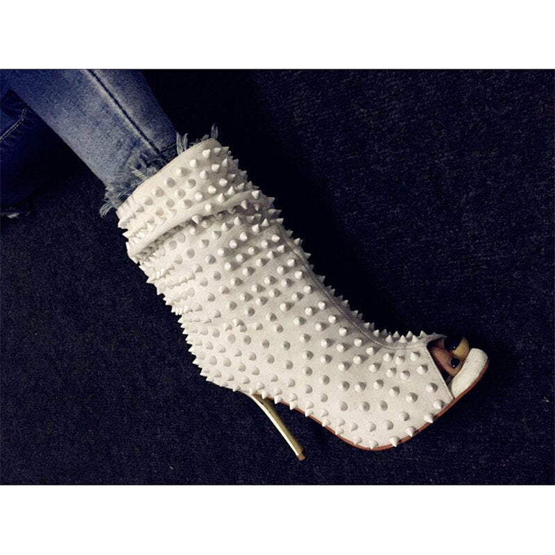 Beige White Rivet Open Toe Thin High Heel Boots Women SlipOn Stiletto Heeled Sexy Studded Street Short Booties