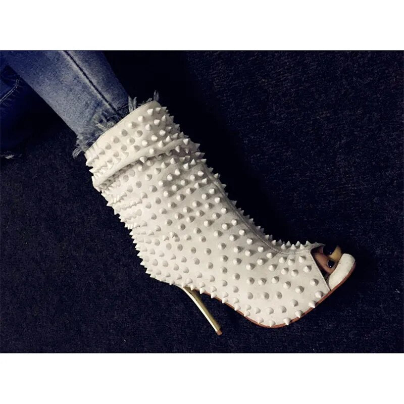 Beige White Rivet Open Toe Thin High Heel Boots Women SlipOn Stiletto Heeled Sexy Studded Street Short Booties