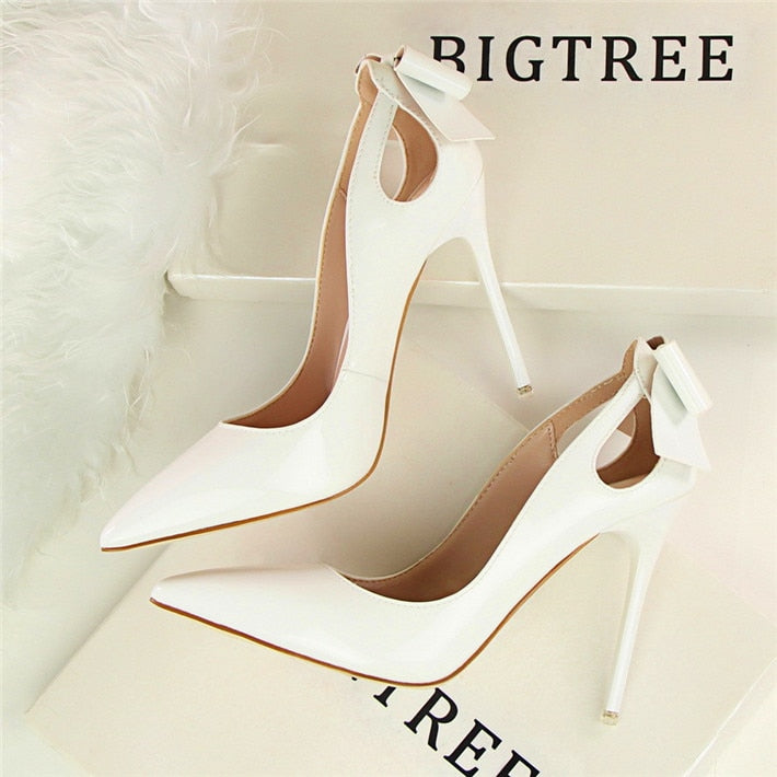 Spring Patent Leather Fashion Bowtie Women's Shoes Back Heel Cut-Outs Sexy Pumps Female High Heels Pointed Toe Dress Party Shoes