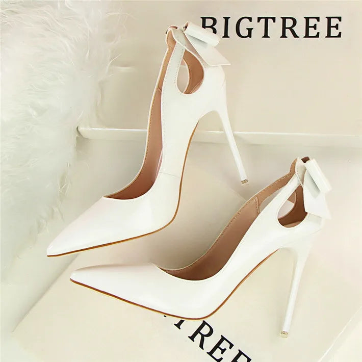 Spring Patent Leather Fashion Bowtie Women's Shoes Back Heel Cut-Outs Sexy Pumps Female High Heels Pointed Toe Dress Party Shoes