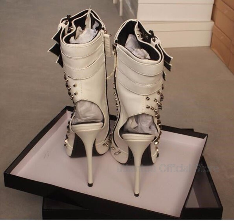 Hot selling rivets studded ankle boots summer open toe ankle strap gladiator sandal boots cutouts woman boots black white