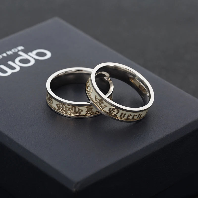 Luminous Stainless Steel Couple Ring Golden Crown Her King His Queen husband and wife Jewelry Anniversary Gift