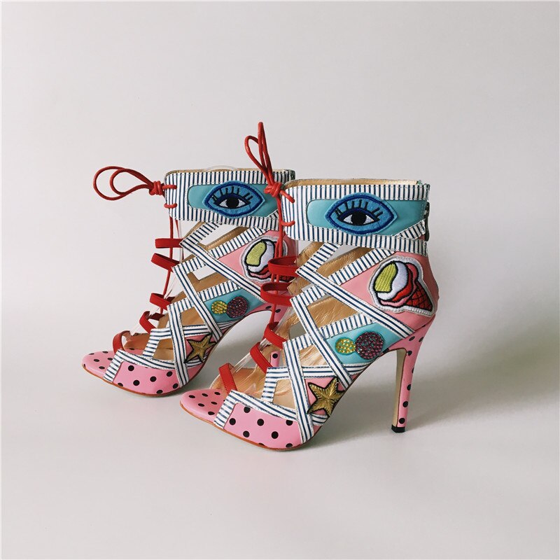 2020 Real Photos Women Summer Sandals Colorful Embroider High Heels Sandalias Fashion Zapatos Mujer Lace Up Pumps Prom Booties