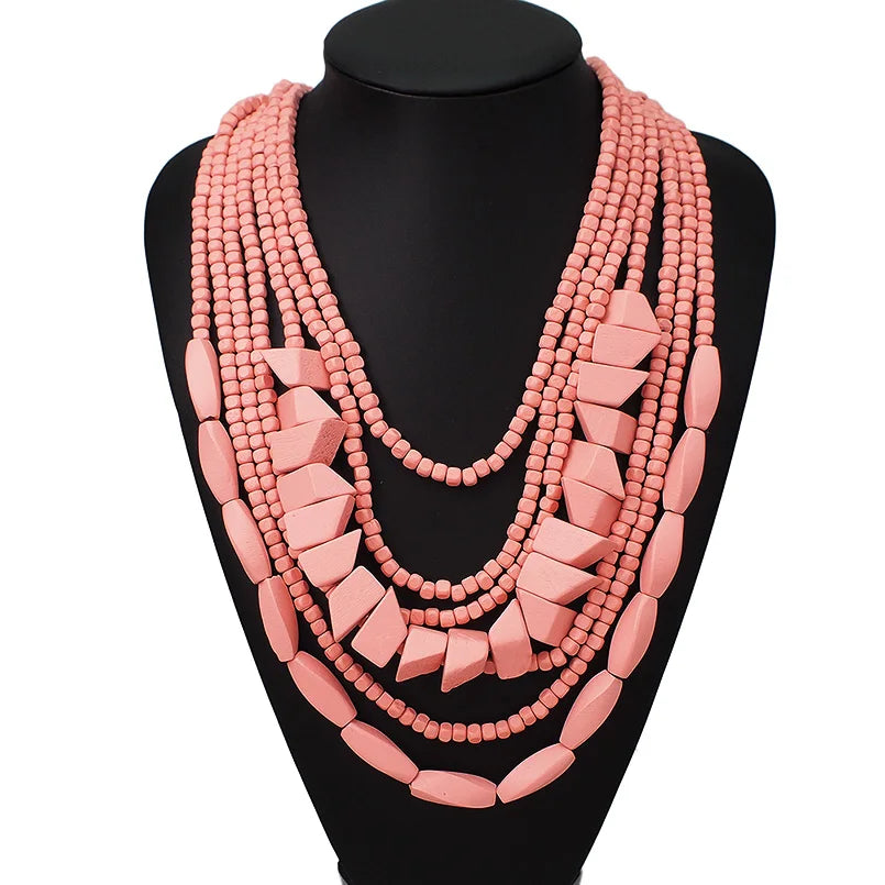 MANILAI Bohemian Multilayer Wood Bead Choker Necklaces For Women Handmade Beaded Statement Necklace Jewelry