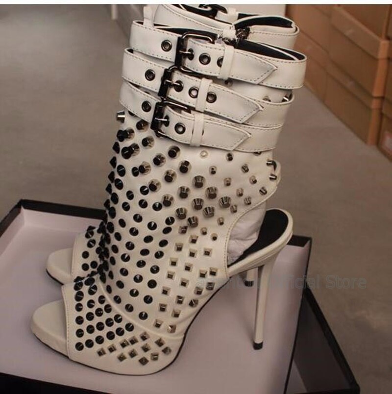 Hot selling rivets studded ankle boots summer open toe ankle strap gladiator sandal boots cutouts woman boots black white