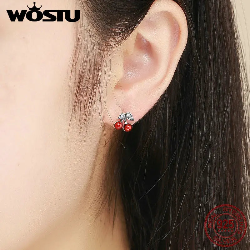 2019 Hot Fashion 925 Sterling Silver Summer Cherry Clear CZ Stud Earrings For Women Authentic Original Silver Jewelry FIE404
