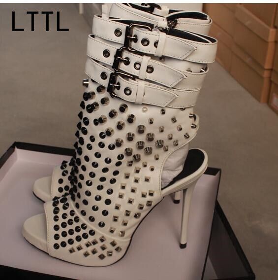 Hot selling rivets studded ankle boots summer open toe ankle strap gladiator sandal boots cutouts woman boots black white