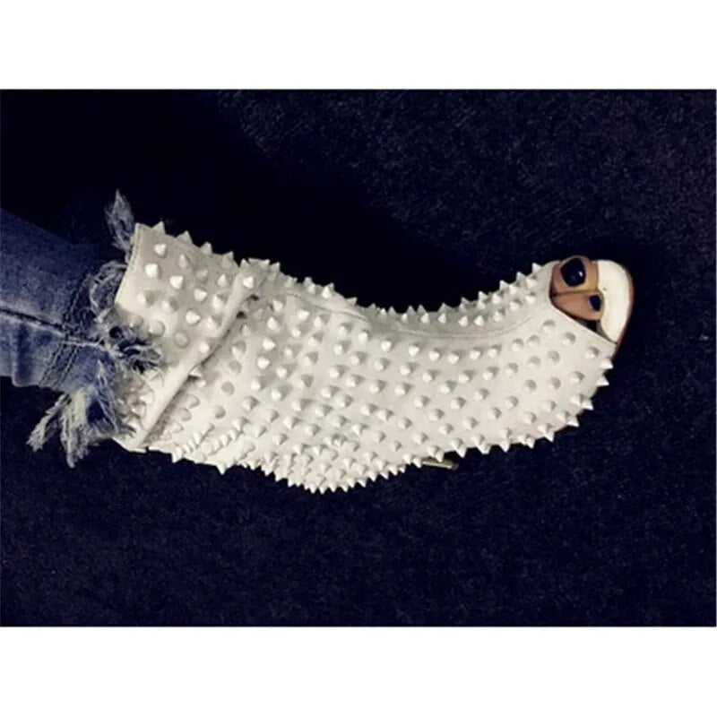 Beige White Rivet Open Toe Thin High Heel Boots Women SlipOn Stiletto Heeled Sexy Studded Street Short Booties