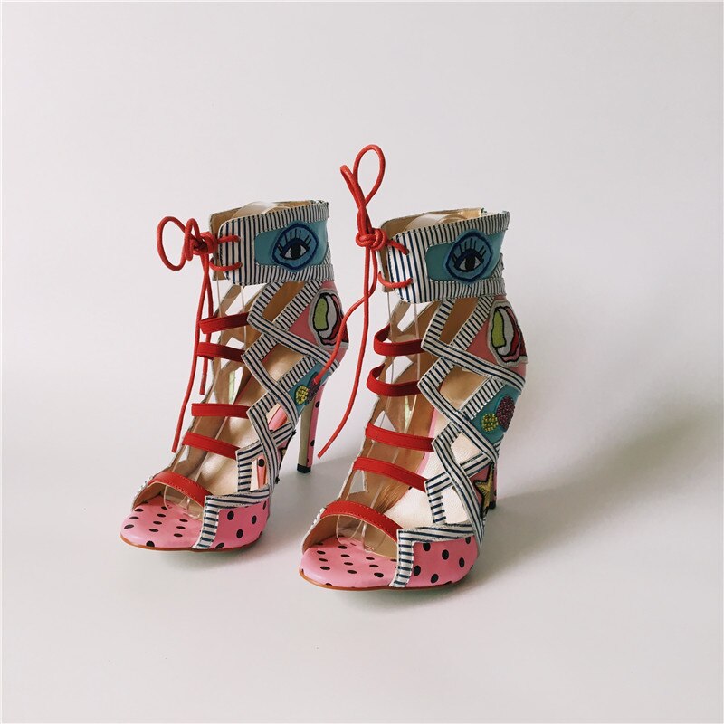2020 Real Photos Women Summer Sandals Colorful Embroider High Heels Sandalias Fashion Zapatos Mujer Lace Up Pumps Prom Booties