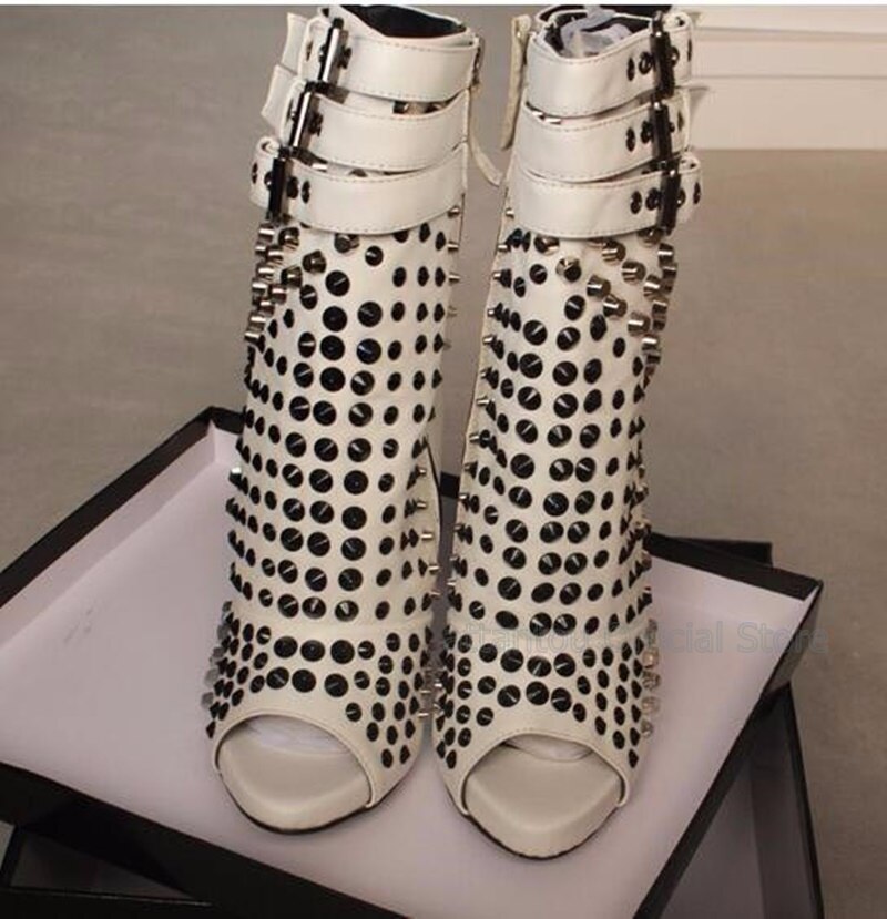 Hot selling rivets studded ankle boots summer open toe ankle strap gladiator sandal boots cutouts woman boots black white